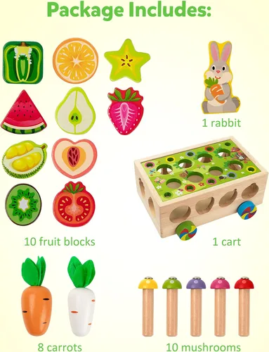 Vista 6 de Coogam Montessori - Juguetes de motricidad fina para bebé pequeño, clasificador de formas de madera, juego de cosecha de zanahorias para relleno