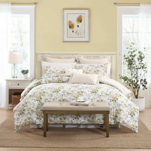 Vista 15 de Laura Ashley - Juego de edredón King, ropa de cama de algodón suave y reversible, juego de cama de peso medio de 7 piezas con fundas de almohada a