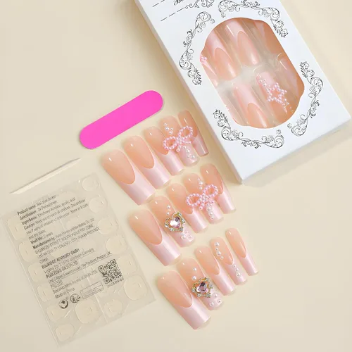 Vista 4 de Uñas postizas francesas a presión con forma de ataúd rosa estrella, diamantes de imitación, diseño brillante, cobertura completa, uñas acrílicas, 24