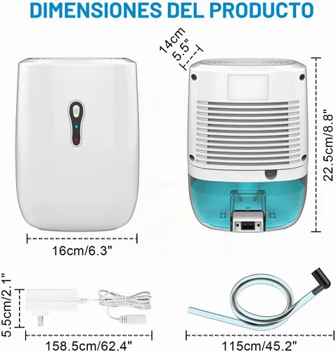 Vista 2 de Deshumidificador con manguera de drenaje. Deshumidificador portátil Litever pequeño. Apagado automático. Manguera de drenaje para drenaje continuo.