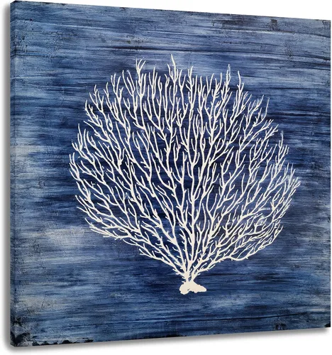 Vista 13 de Yihui Arts - Lienzo decorativo para pared de playa con diseño de bote azul y gris costero náutico cuadrado, pintura artística para decoración