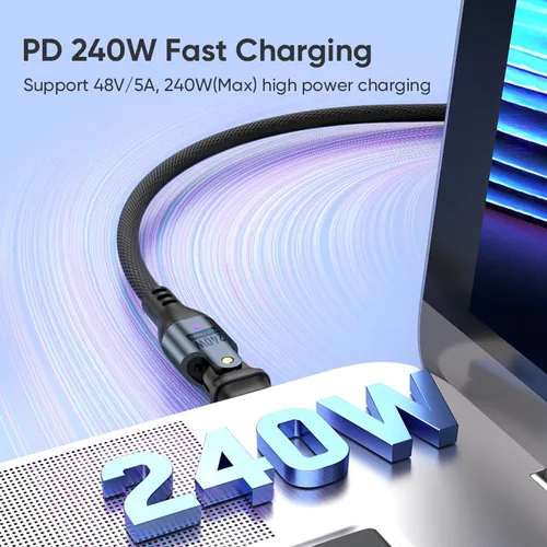 Vista 2 de Cable de carga USB-C, cable USB-C de 240 W, 6 pies, carga rápida, cable de carga giratorio de nailon resistente con cabezal giratorio de 180 grados