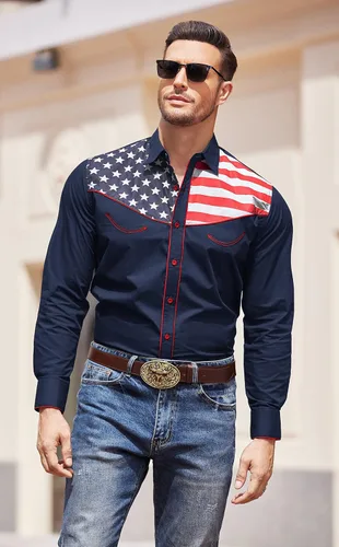 Vista 2 de COOFANDY Camisa casual de manga larga con botones y bandera americana para hombre