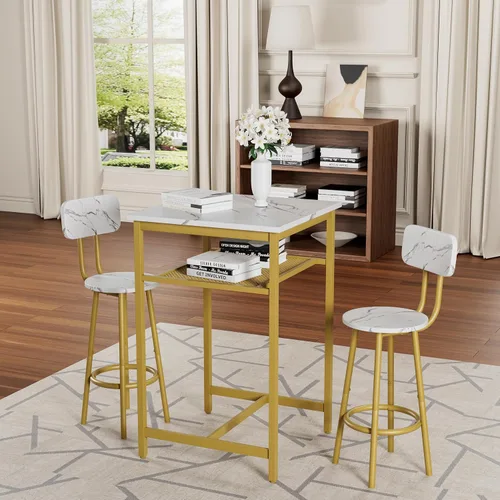 Vista 13 de Juego de mesa de comedor para 2, mesa de bar y sillas para 2, juego de mesa de bar pequeña de 3 piezas con 2 taburetes, parte superior de mármol