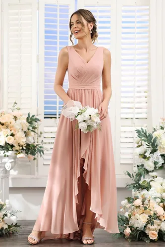 Vista 3 de TIRAS Vestido de dama de honor alto y bajo para mujer, largo fruncido, de gasa, cuello en V, formal, vestido de fiesta de noche con bolsillos CM086