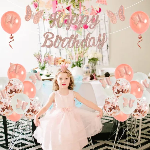 Vista 2 de Juego de decoraciones de mariposa de oro rosa, pancarta de feliz cumpleaños, decoración de pastel, calcomanías de pared 3D para suministros