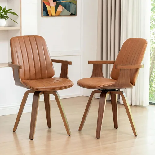 Vista 12 de WUPOTO Juego de 1 silla de comedor giratoria, silla de comedor moderna de mediados de siglo con artesanía de nogal, piel sintética tapizada, brazos