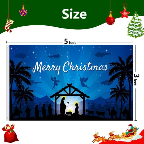 Vista 7 de Bandera de Navidad de 3 x 5 pies, doble impresa, nacimiento religioso de Jesús, Natividad Santa Noche Santa Feliz Navidad, telón de fondo colgante