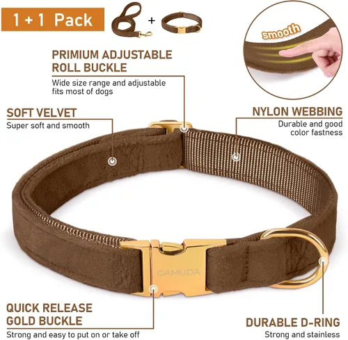 Vista 2 de GAMUDA Collar y correa de terciopelo para perro, súper suave y liso, hebilla dorada resistente, cómodo y fácil de limpiar, collar ajustable