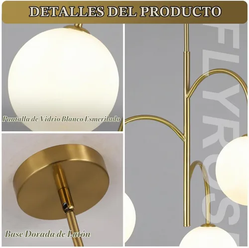 Vista 3 de Candelabro de globo de vidrio de leche de 3 luces, moderno de 1-oro+blanco