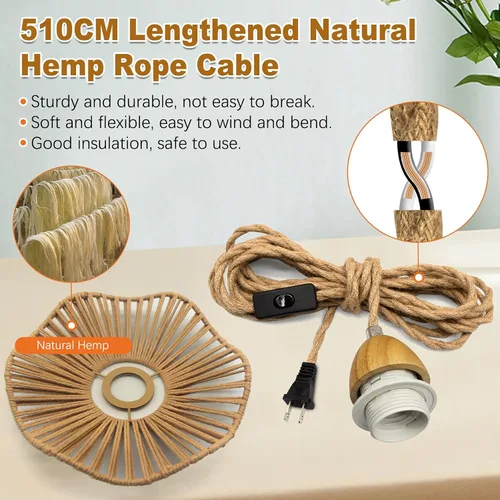 Vista 4 de Kit de cable de luz colgante de cuerda de cáñamo rústica, luces colgantes de granja de 16.7 pies con cable de enchufe, lámpara colgante bohemia