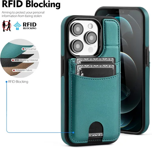 Vista 3 de SkyEagle Funda compatible con Magsafe para iPhone 13 Pro Max con soporte para tarjetas, función atril, bloqueo RFID, ranuras para tarjetas de Verde