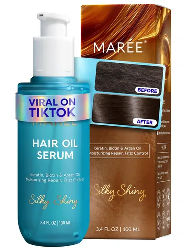 Vista 15 de MAREE Aceite para el cabello encrespado con aceite de argán, queratina y biotina – Suero capilar para brillo de cabello seco y rizado – Productos