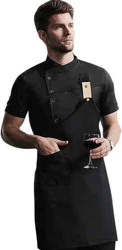 Vista 3 de Set de Uniforme de Chef para Hombre, Chaqueta de Chef con Ventanas Ocultas y Transpirables (Chamarra+Delantal)