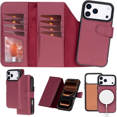 Vista 12 de Bayelon Estuche tipo billetera para iPhone 15 Pro, cartera de cuero desplegable de tres pliegues, cubierta tipo folio magnética desmontable, soporte