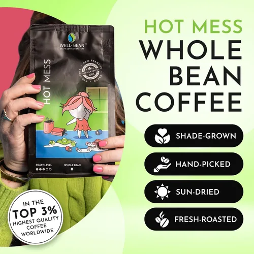 Vista 2 de Well-Bean Café - Granos de café Hot Mess, café de grano entero Microlot nicaragüense, café keto sin gluten, granos de café ricos en antioxidantes
