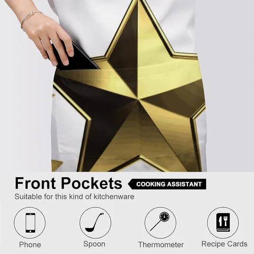Vista 5 de MUSM Apron for Adults - 27.6 X 31.5 Inch, Heavy-Duty Polyester Aprons with Two Large Pockets, Waterproof Gold Star Kitchen Apron for Cooking