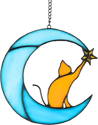 Vista 9 de Gato en luna con vitral, estrella para colgar en la ventana, decoración de regalo conmemorativo para mujeres (gato negro sobre luna azul)