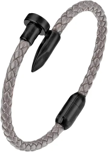 Vista 4 de Pulsera de cuero trenzado para hombre con adorno de uñas de acero inoxidable negro, pulsera delgada de cuero para hombres y mujeres