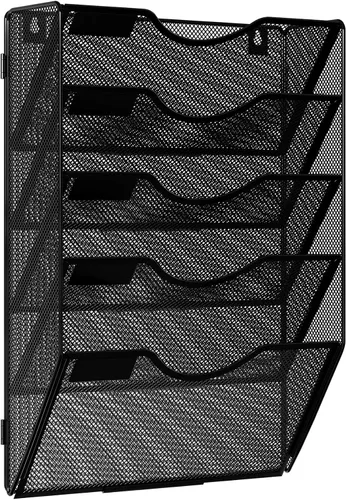 Vista 2 de Soporte para archivos para colgar en la pared, organizador de papel para colgar en la pared, 5 bolsillos, estante de almacenamiento, color negro