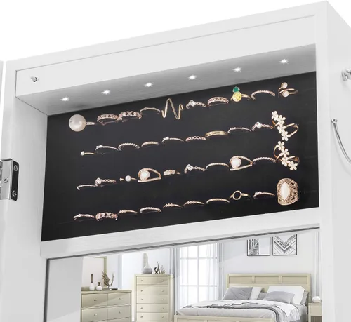 Vista 4 de Armario de almacenamiento de joyas con luz LED independiente, espejo de tocador iluminado de longitud completa con baúl de joyería integrado