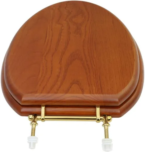 Vista 3 de Renovators Supply Manufacturing Asiento de retrete alargado de madera de caoba ligera con las bisagras de cobre amarillo de PVD y el parachoques