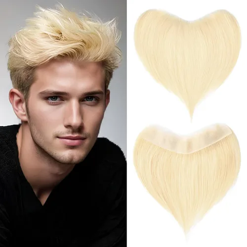 Vista 20 de Extensión frontal de cabello rubio claro para hombres, extensión de cabello lacio con pérdida de línea de cabello humano con cinta adhesiva