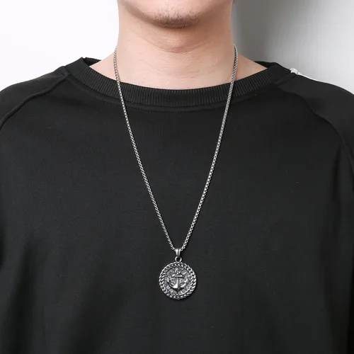 Vista 4 de HZMAN Collar de ancla náutica vikingo nórdico para hombres y niños, de acero inoxidable, brújula y timón, regalo de joyería, Acero inoxidable, No es