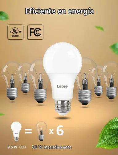 Vista 5 de Lepro - Bombillas LED regulables de 60 W equivalentes, 9.5 W, 800 lm, luz blanca cálida suave de 2700 K, base media estándar A19 E26, certificadas