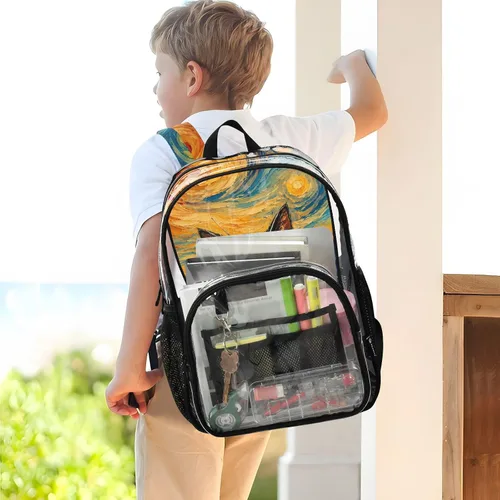 Vista 8 de Mochila transparente con diseño de gato negro y helado para la Negro Naranja Abstracto Gato
