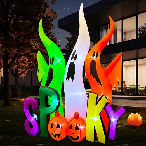 Vista 4 de SEASONBLOW Familia de fantasmas inflables de Halloween de 8 pies con calabaza espeluznante iluminada por LED, decoración inflable para césped