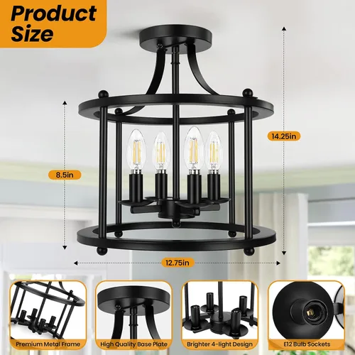 Vista 6 de Farmhouse - Lámpara de techo industrial de montaje semiempotrado con 4 luces Base E12, lámpara de araña vintage rústica de metal para cocina