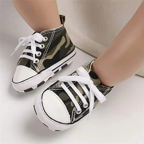Vista 4 de Zapatos de bebé, para niñas o niños, suaves, suela antideslizante, para recién nacidos y primeros pasos, de estrella, tenis caña alta de lona