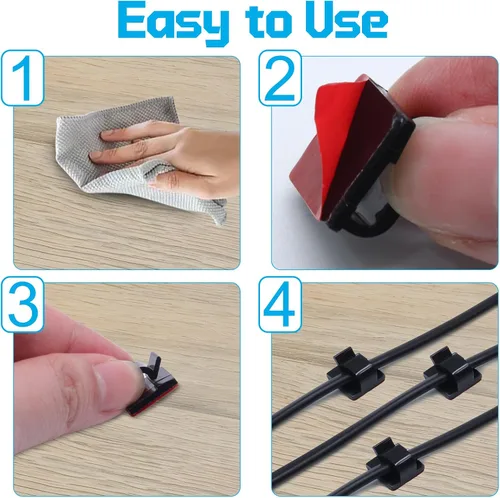 Vista 3 de 100 clips adhesivos para cables en la pared, organización de cables para TV, PC, laptop, cables Ethernet y escritorios (negro)