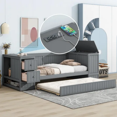 Vista 3 de SOFTSEA Sofá cama de tamaño individual con nido, cajones y puertos USB, sofá cama de madera maciza con estantería de almacenamiento, multifuncional