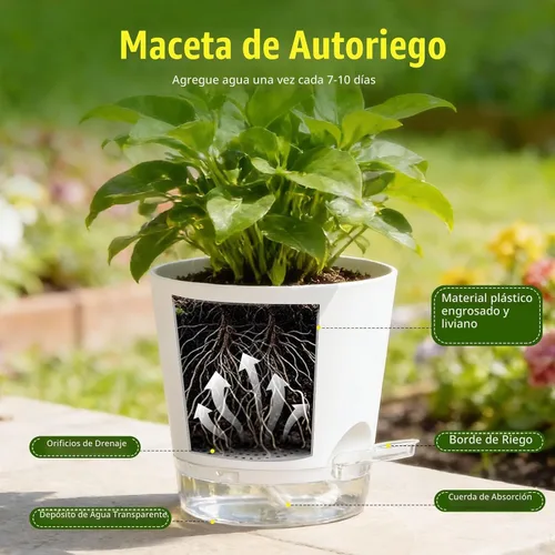 Vista 4 de Macetas de riego automático de 8 pulgadas, paquete de 2 macetas de plástico con agujeros de drenaje y platillos transparentes, macetas de plástico