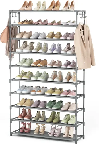Vista 15 de LANTEFUL Zapatero de 10 niveles, 50 pares, organizador de zapatos alto de gran capacidad, almacenamiento de zapatos resistente con dos ganchos
