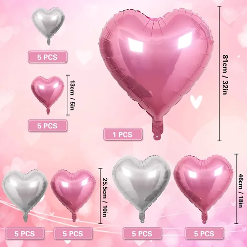 Vista 2 de 31 globos de papel de aluminio de corazón para el día de San Valentín, globos de corazón rosa y plateado con corazón rosa de 32 pulgadas, grandes