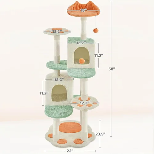 Vista 7 de Yaheetech Torre de árbol para gatos de 57.5 pulgadas, centro de actividades multifuncional con plataforma en forma de pata de gato, postes