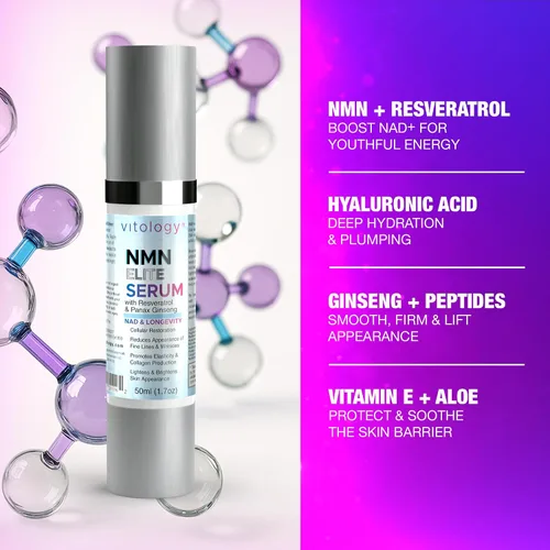 Vista 6 de NMN + suero facial de resveratrol – Renovación celular y fórmula antienvejecimiento con ácido hialurónico, aloe y ginseng – Boost NAD+, hidrata