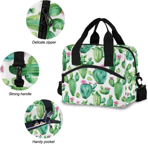 Vista 4 de Lonchera con diseño de cactus de acuarela, plantas tropicales, cactus, flores, bolsa de almuerzo aislada, congelable, kit de bolsa térmica