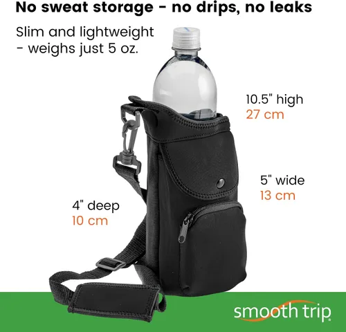 Vista 6 de Smooth Trip One Size Stretch Water Bottle Holder with Strap - Insulating Neoprene Bottle Holder for Walking with Storage and Phone Pocket, Fits up