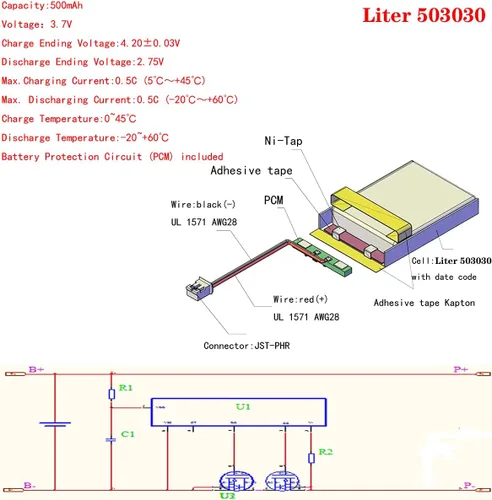 Vista 3 de Liter 503030 Lipo batería recargable de polímero de litio de 3,7 V 500 mAh con conector JST PH de 0.079 in
