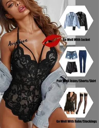 Vista 4 de Avidlove - Lencería de encaje de una pieza para mujer, minibabydoll, minileotardo