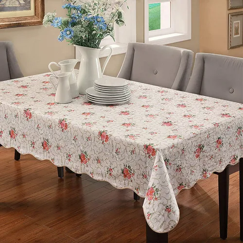 Vista 3 de Mantel floral de manzanilla rosa resistente al agua, rectangular, con parte trasera de franela, mantel de plástico de vinilo con flores rojas