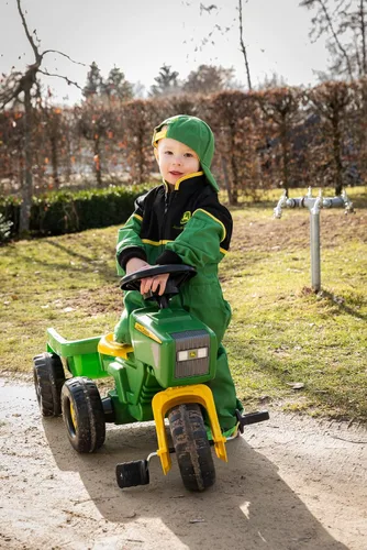 Vista 5 de Rolly Toys John Deere Trac de 3 ruedas con remolque para montar en el remolque, verde/amarillo (52769)
