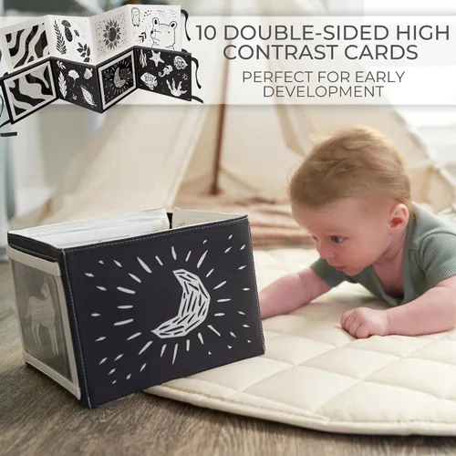 Vista 2 de Libro de tiempo de barriga suave con espejo estimulante seguro para bebés - Divertido juguete Montessori en blanco y negro con relleno arrugado y 20