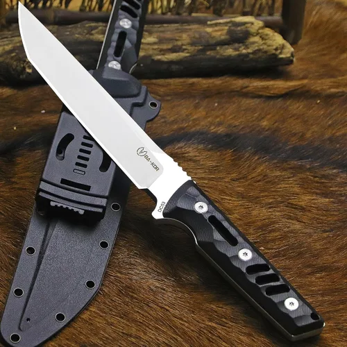 Vista 4 de BA-KOR Cuchillo de caza de espiga completa de 14.2 pulgadas (estilo japonés) - Cuchillo de supervivencia de acero DC53 de 0.315 in, mango y funda