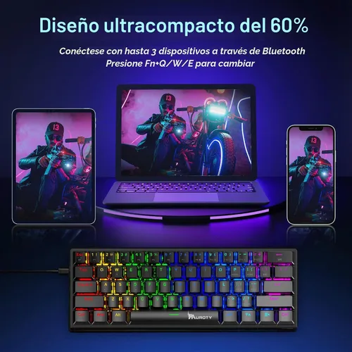 Vista 6 de Pauroty 60% Teclado mecánico inalámbrico, teclado de juego de triple modo 2.4G/USB-C/Bluetooth, retroiluminación RGB, interruptor azul clicky