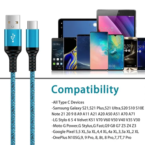 Vista 7 de Cable de carga C de carga rápida USB tipo C, cables de carga Android de 6 pies, paquete de 2 para Samsung Galaxy S26 S25 S24 S23 S22 S21 S20 Ultra